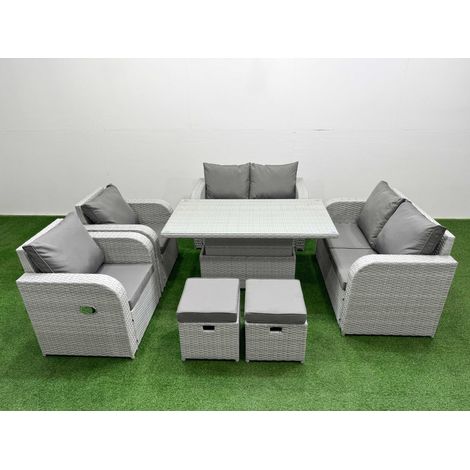 Fimous 8 Seater Outdoor Reclining Chair Love Sofa Set Rattan Garden Furniture Set with Adjustable Lifting Dining or Coffee Table 2 Stools Light Grey (1/5)