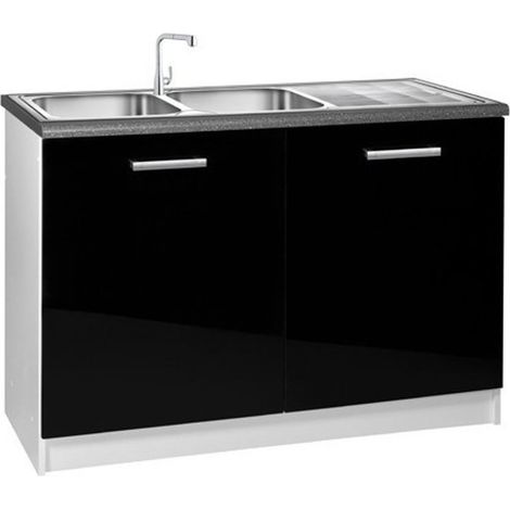 Tendencio – Meuble sous évier 120 cm – 2 portes laqué noir – Module de cuisine bas – Pour espaces optimisés
