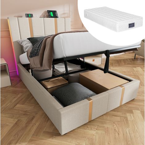 Letto contenitore singolo imbottito 90x200 cm con LED e ricarica USB Type-C, controllo tramite app, rete a doghe in legno, lino, beige, materasso incluso (1/5)