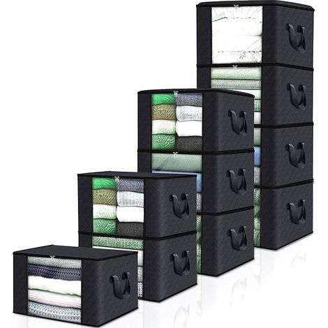 Sacs de rangement pour vêtements et couettes, noirs, lot de 6, avec poignées renforcées et fermeture éclair, 60 L (10 pièces). (1/5)