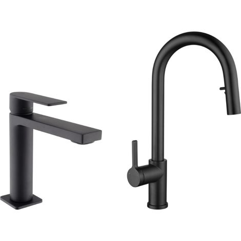 Set miscelatore lavabo + miscelatore cucina Ceramia Timeless in acciaio inox con doccetta estraibile, nero opaco