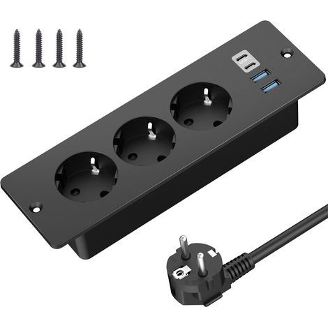 Einbau-Tischsteckdose mit 2 USB-A und 2 Typ-C, integrierte 3-fach Steckdosenleiste mit 2 m Kabel, Tischsteckdose, Steckdosenleiste für Möbel oder Arbeitsplatte, schwarz (1/5)