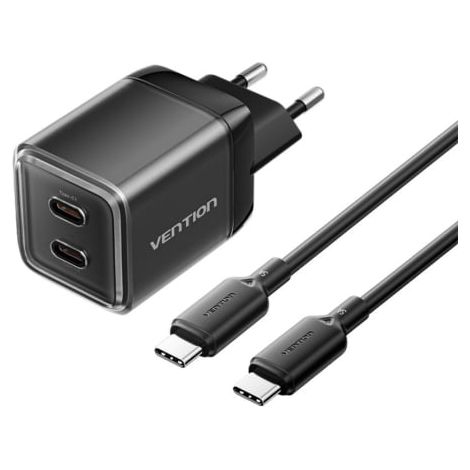 Cargador de Pared GaN Vention TZ-FCFB0-EU/ 2xUSB Tipo-C + Cable USB Tipo-C/ 45W