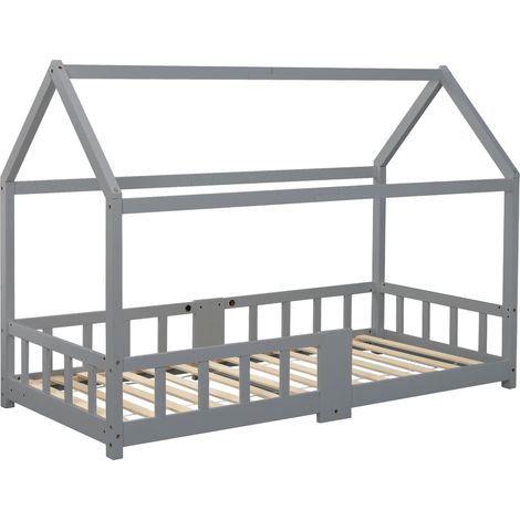 Lit cabane enfant 90 x 200 cm en pin gris avec tableau et sommier (1/5)