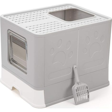 Bac à Litière pour Chat, 51 x 41 x 38 cm Grande Maison de Toilette Chat Pliable avec Couvercle,Bac de Tiroir et Pelle à Litière, Gris (1/5)
