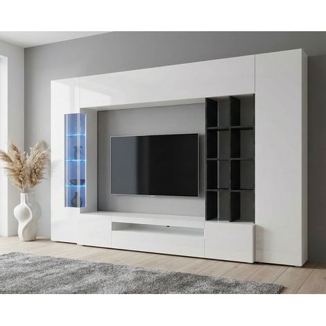 Banc TV moderne blanc laqué brillant/ardoise Keops (1/5)