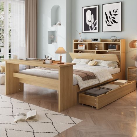 Letto 140x200 cm naturale in legno con vano contenitore e tavolino ribaltabile (1/5)
