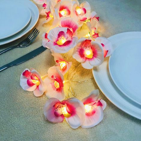 Guirlande de fleurs artificielles Phalaenopsis - Guirlande lumineuse à LED - Fleurs en soie - Faux fleurs - Guirlande de roses à suspendre (Phalaenopsis rose, pile) (1/5)