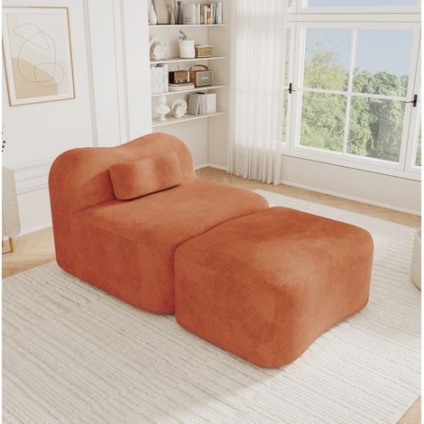 Sofá modular sin estructura con otomana, terciopelo naranja y diseño ondulado, asiento profundo con cojín de respaldo móvil para salón y uso diario – CHICFURN (1/5)
