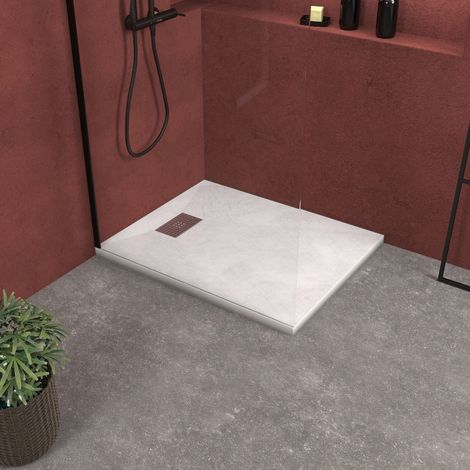 receveur de douche blanc effet pierre 80x100 cm et grille décor perforée en inox (1/5)