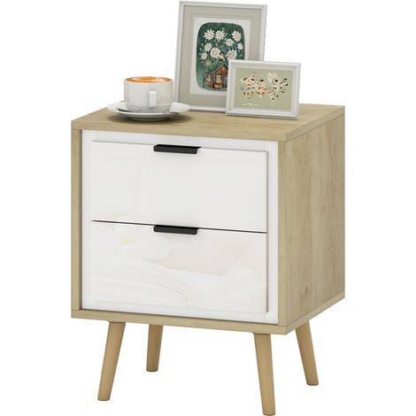 Table de chevet étroite, bois massif, blanc brillant, 40 x 35 x 50 cm, table, d'appoint 2, tiroirs silencieux et, pieds (1/5)