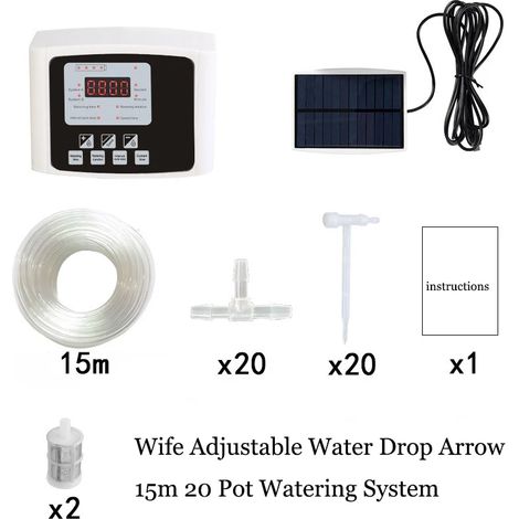 (Tuyau d'eau de 15 mètres, 20 régulateurs) Système d'irrigation goutte à goutte à double pompe pour jardin, système de minuterie, énergie solaire. (1/5)