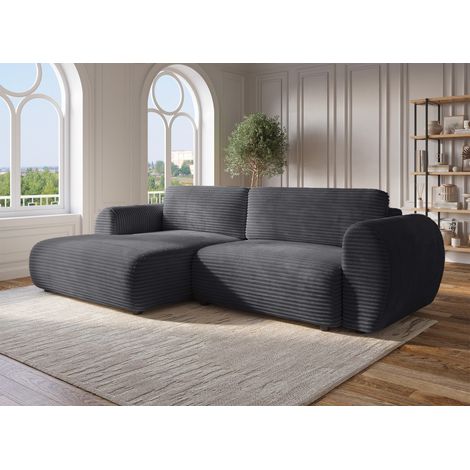 Deco In Paris – Canapé d'angle convertible 3 places en velours côtelé épais gris – Coffre de rangement intégré – Dimensions couchage 155 x 250 cm (1/5)