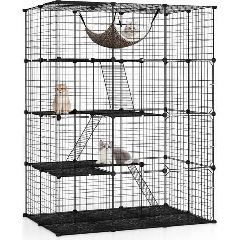 COSTWAY 4 Tier Cube Cat Cage 143 CM Large Cat Enclosure w/Comfy Hammock-Black (1/5)
