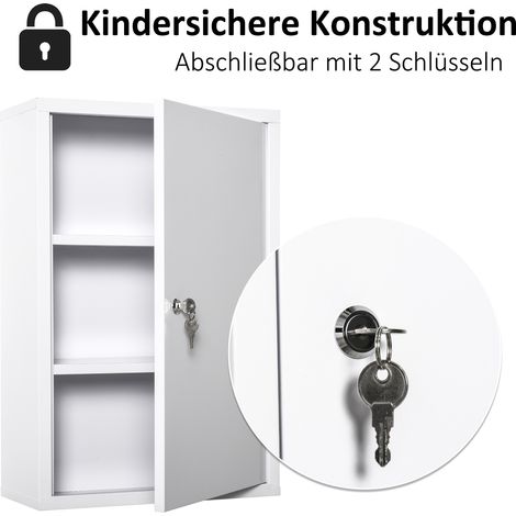 Armoire de toilette Kleankin, coffret de secours métallique verrouillable 3 compartiments, meuble à pharmacie blanc 40x18x60 cm
