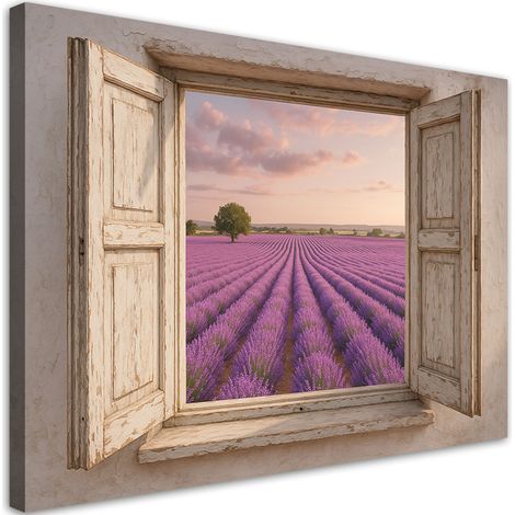Wandbild Blick aus dem Fenster Lavendelfeld Shabby Chic 90x60 cm (1/5)