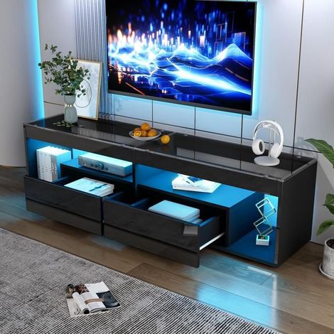 Meuble TV 180x40x50, 2 tiroirs noir laqué Meuble TV contemporain, éclairage LED 16 couleurs, plateau verre trempé (1/5)
