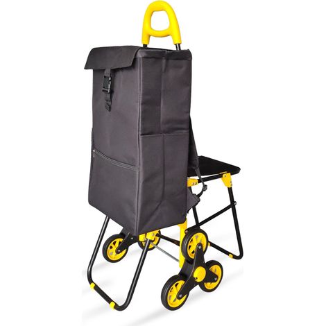 Vounot – Chariot de courses pliable 4 en 1 avec siège – 6 roues monte-escalier – sac isotherme 40L – cadre métallique léger – jaune