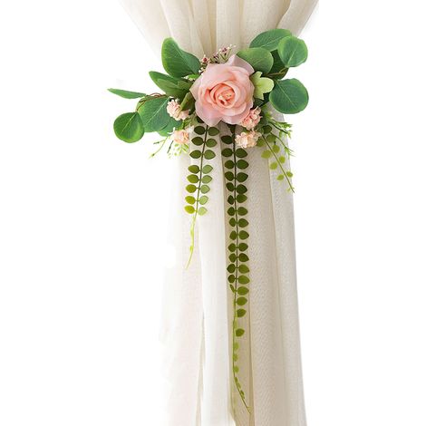 Stoffblumenband [Set 1] [Größe 30 x 60 cm] – Romantische Dekoration mit künstlichen Rosen für dünne oder dicke Vorhänge in Rosa, Champagner, Lila und Gelb (1/5)