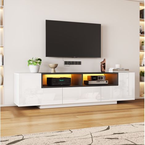 Meuble TV en panneaux de particules blanc 180 x 40 x 48 cm, façade brillante, LED Bluetooth, 2 rangements en L et 1 tiroir (1/5)
