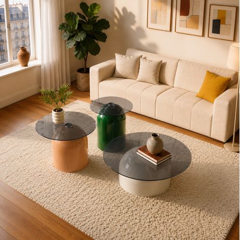 DESMIU Tables basses gigognes rondes en verre trempé, avec base brillante, pour salon (1/5)