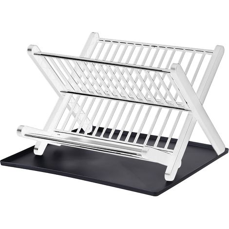 Égouttoir à vaisselle pliable à 2 niveaux, grande capacité, avec bac d'égouttage, blanc.-AquaForge (1/5)