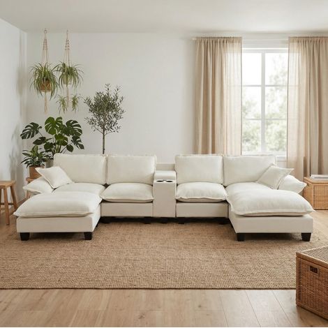 Canapé d'angle U-Form Chenille Beige 362x151x90 cm, modular mit Stauraum, USB und Getränkehaltern (1/5)