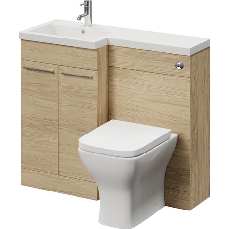 Napoli 390 Light Oak 1000mm 2 Door Vanity Unit Toilet Suite with Left Hand Square Lucia Basin - 1000mm - Chrome 160mm HandleWith Kingston Toilet Pan and Seat