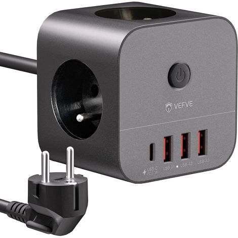 Multiprise Cube avec Rallonge 5m, Multiprise Electrique 7-en-1 avec USB C (Charge Rapide PD 20W), Cube Prise Multiple avec Interrupteur (3680W/16A), 3 Prises et 4 USB, Noir (1/5)