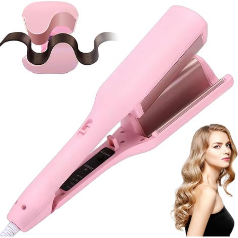 Curling Iron, 2 Heads Barrels wavy 32 mm Wavy Curling Iron Ceramic Corrugating Iron, Curling Iron Wavy Barrels Adjustable Temperature 160-220°C (Pink) (1/5)