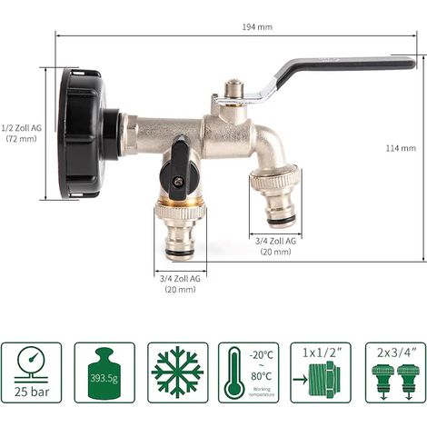 Robinet de jardin extérieur (entrée d'eau DN15), antigel, double commande, en cuivre, pour lave-linge et évier de jardin 1/2 (1/4)