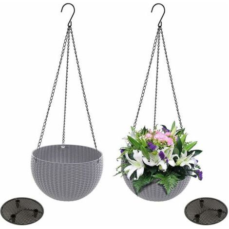 2 Stück (Grau) Hängende Rattan-Blumentöpfe, Garten-Hängekörbe, Hängepflanzgefäß, Hänge-Blumentopf aus Kunststoff, für die Bepflanzung im Innen- und Außenbereich
