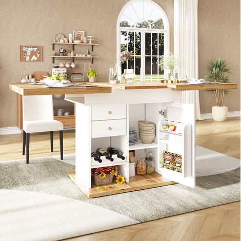 Tavolo da pranzo estensibile 110x80x75 cm, con ripiani snack e vino, MDF, bianco naturale (1/5)