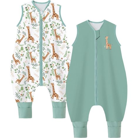 Gigoteuse pour bébé avec Pieds 1.5 tog 100% Coton Gigoteuse pour Enfant Toute l'année, 1.5 Tog/Vert + Girafe (1/5)