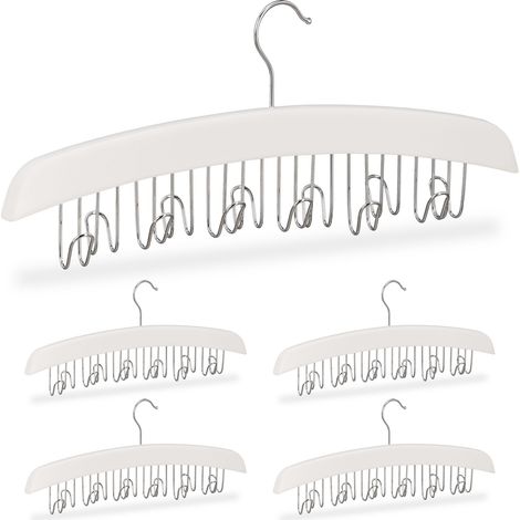 5x Gruccia Porta Cinture, per 12 Cinte, Accessorio Appendiabiti in Legno di Loto, 17,5x43x5,5 cm, Bianco /Argento