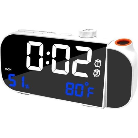 Réveil projecteur de plafond blanc avec affichage température/humidité, fonction sommeil, luminosité/volume réglables, USB (1/4)