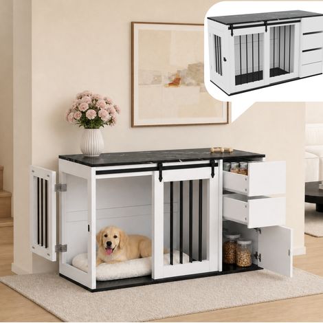 MODFU – Jaula para perros 2-en-1 140x60x87 cm con puertas correderas, cajones y estructura de MDF blanco – Blanco (1/5)