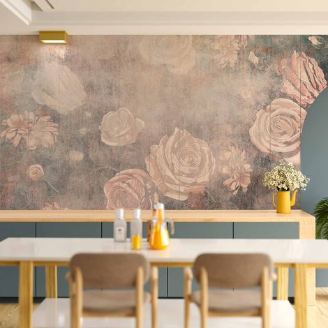 Fototapete – Neblige Natur – orangefarbene Blüten auf einem Hintergrund mit fleckiger Textur (1/5)