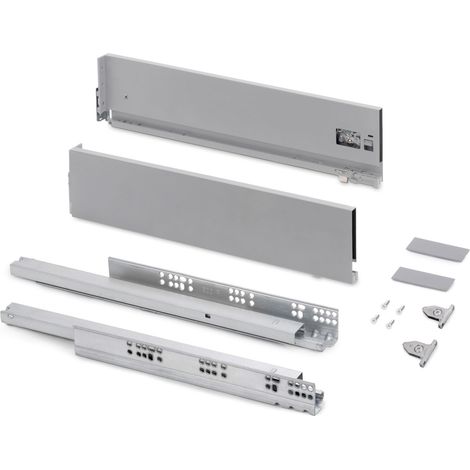 Kit tiroir pour cuisine et bain à régulation 3D, hauteur 131mm, profondité 400mm, 40 Kg, fermeture amortie, panneaux non incluses, Acier, gris (1/5)