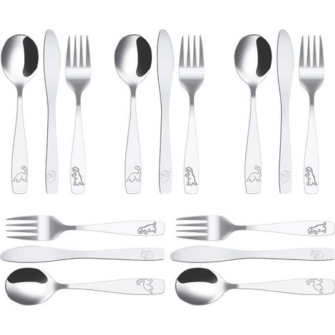 15Pcs Couverts Enfant INOX 5 x Fourchette 5 x Cuillère 5 x Couteau Dentelé Sûr Couverts Enfant INOX Jungle Dinosaure Gravé C (1/4)