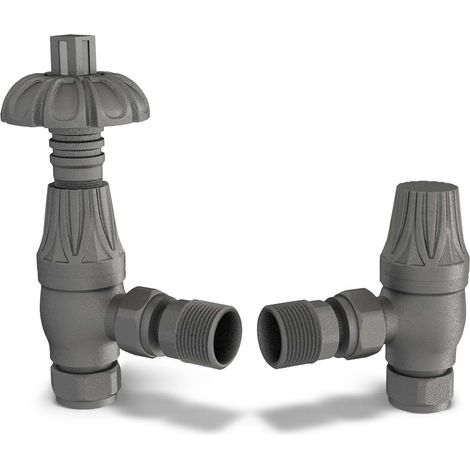 Signature Metal Head - Natural Pewter Thermostatic Radiator Valve & Lockshield Angled 10mm