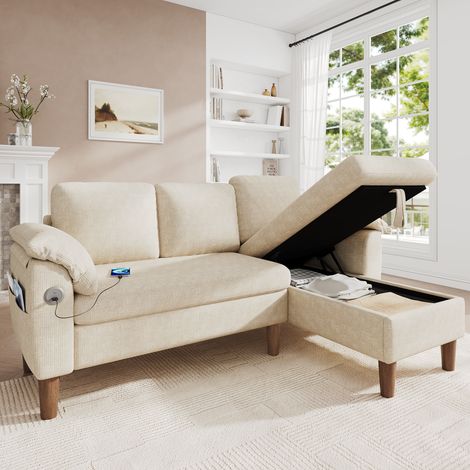 Divano angolare a L con chaise longue reversibile, contenitore, USB/Type-C, chenille beige HAVRYA (1/5)