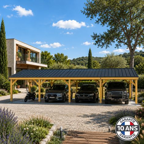 Carport bois 2 pentes en bois douglas 40 m², 6 poteaux avec pieds de poteaux fixes. Abri voiture extérieur. Garantie 10 ans. (1/5)