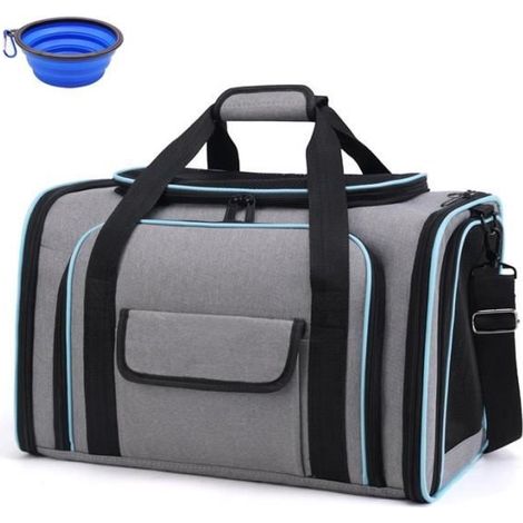 Sac de Transport Chat Chien Extensible Pliable Portable en Oxford Respirant Avec Matelas en Peluche Amovible et Bol - Bleu (1/3)