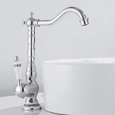Mitigeur lavabo style rétro à poignées céramiques, pivotant 360°, bec haut en laiton finition chrome ancien, robinet eau chaude froide pour cuisine et salle de bain (1/5)