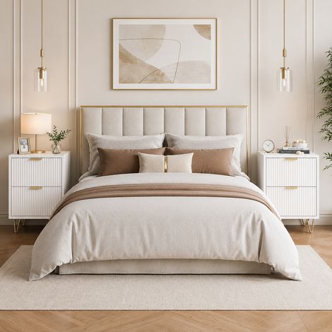 Table de chevet 40×40×55cm,lot de 2, 2 tiroirs,meuble de rangement de chambre, panneau ondulé, placard de rangement, poignées et pieds en métal, style moderne, pour chambre et salon, Bois, Blanc (1/5)