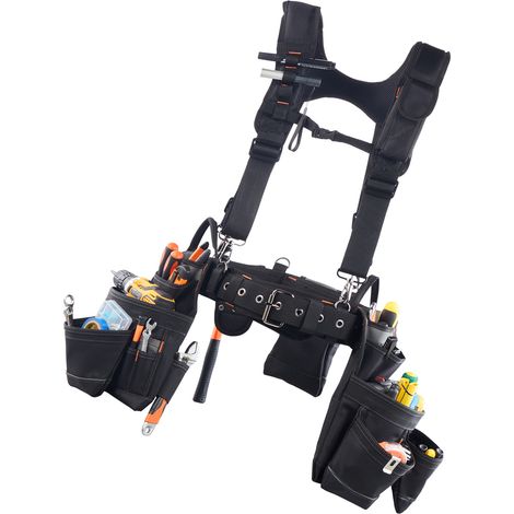 Mophorn Cintura da Lavoro con 19 Tasche e Bretelle, Cintura Portautensili Regolabile da 80-131 cm, Supporto di Sospensione Rimovibile per Elettricisti, Falegnami e Lavori Edili (1/5)