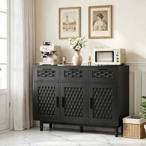 Buffet Cocina 108x40x80 Negro Fachada PVC Imitación Ratan Doble Nivel 3 Cajones 3 Puertas Mueble de Almacenamiento (1/5)