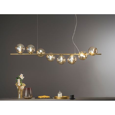 Große Pendelleuchte HONEY 8-flammig Gold-Glaskugeln Bernstein, Breite 145cm