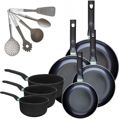Lot de 4 poêles 20/24/28/30 cm et 3 casseroles 16/18/20 cm Fackelmann Brandao avec 5 ustensiles de cuisine (1/5)